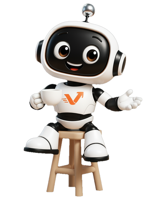 Der vaiacon-Roboter sitzt mit einer Tasse auf einem Hocker und erklärt
