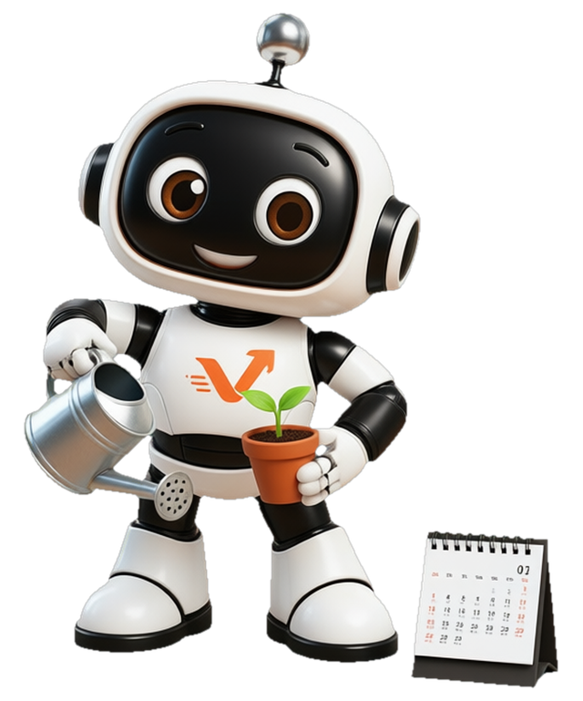 Der vaiacon-Roboter giesst einen Setzling, daneben ein Kalender