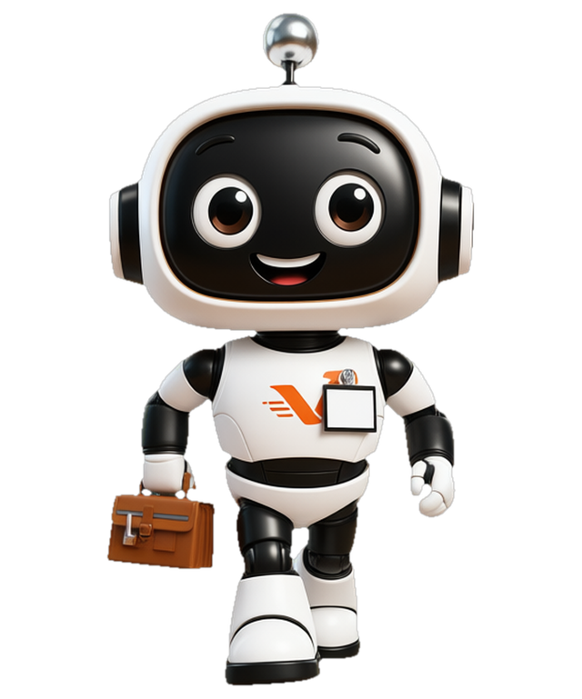 Der vaiacon-Roboter mit Koffer und Namensschild unterwegs zum Betrieb