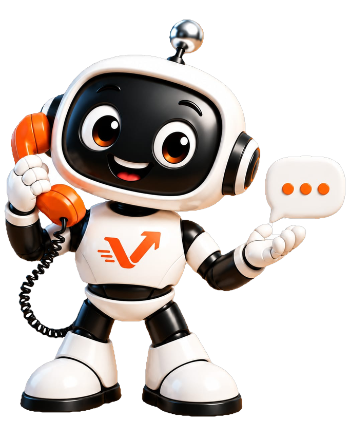 Der vaiacon-Roboter nimmt einen Anruf entgegen, daneben eine Sprechblase