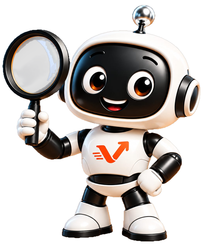 Der vaiacon-Roboter hält eine Lupe hoch